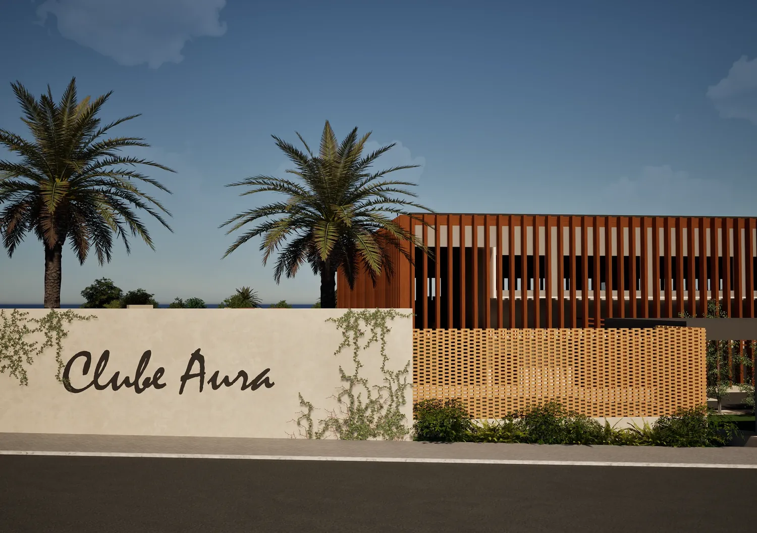 Fachada do Clube Aura com letreiro e cobogó