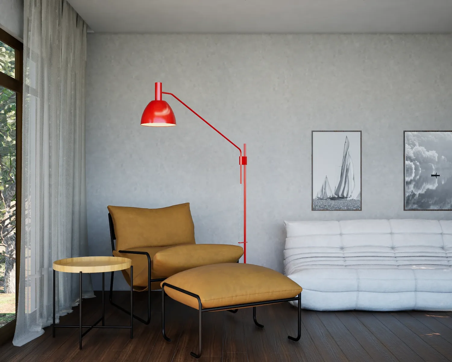 Sala de estar com poltrona mostarda e luminária vermelha