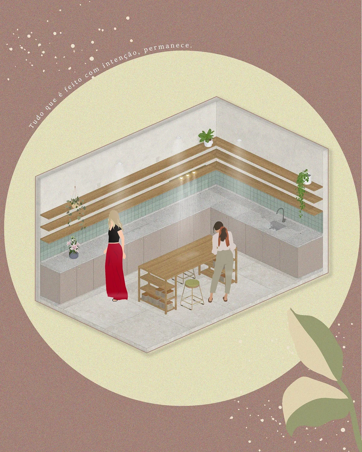 Isométrica do ateliê com bancadas, prateleiras e mesa central