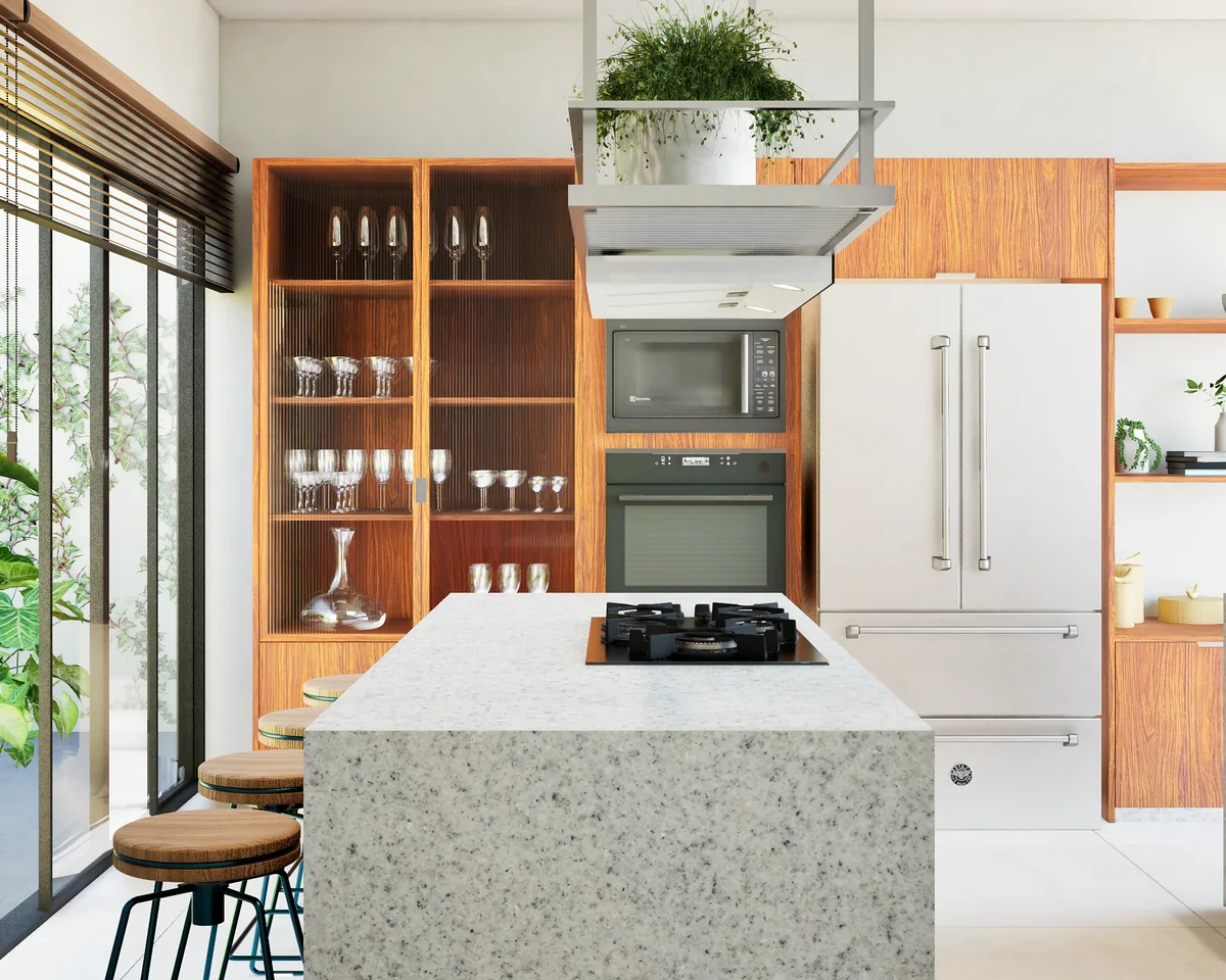 Ilha em granito Siena com cooktop e cristaleira em pau-ferro